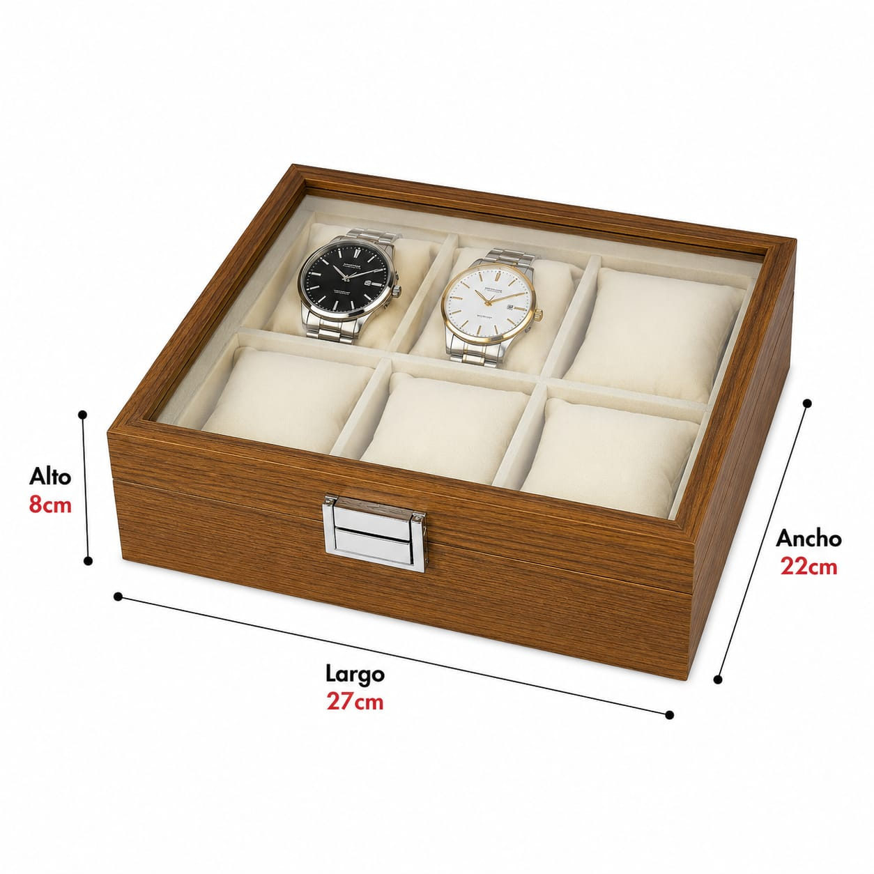 CAJA ORGANIZADORA PARA 6 RELOJES CON TAPA DE VIDRIO – ESTUCHE EXHIBIDOR PREMIUM DE MADERA - 4