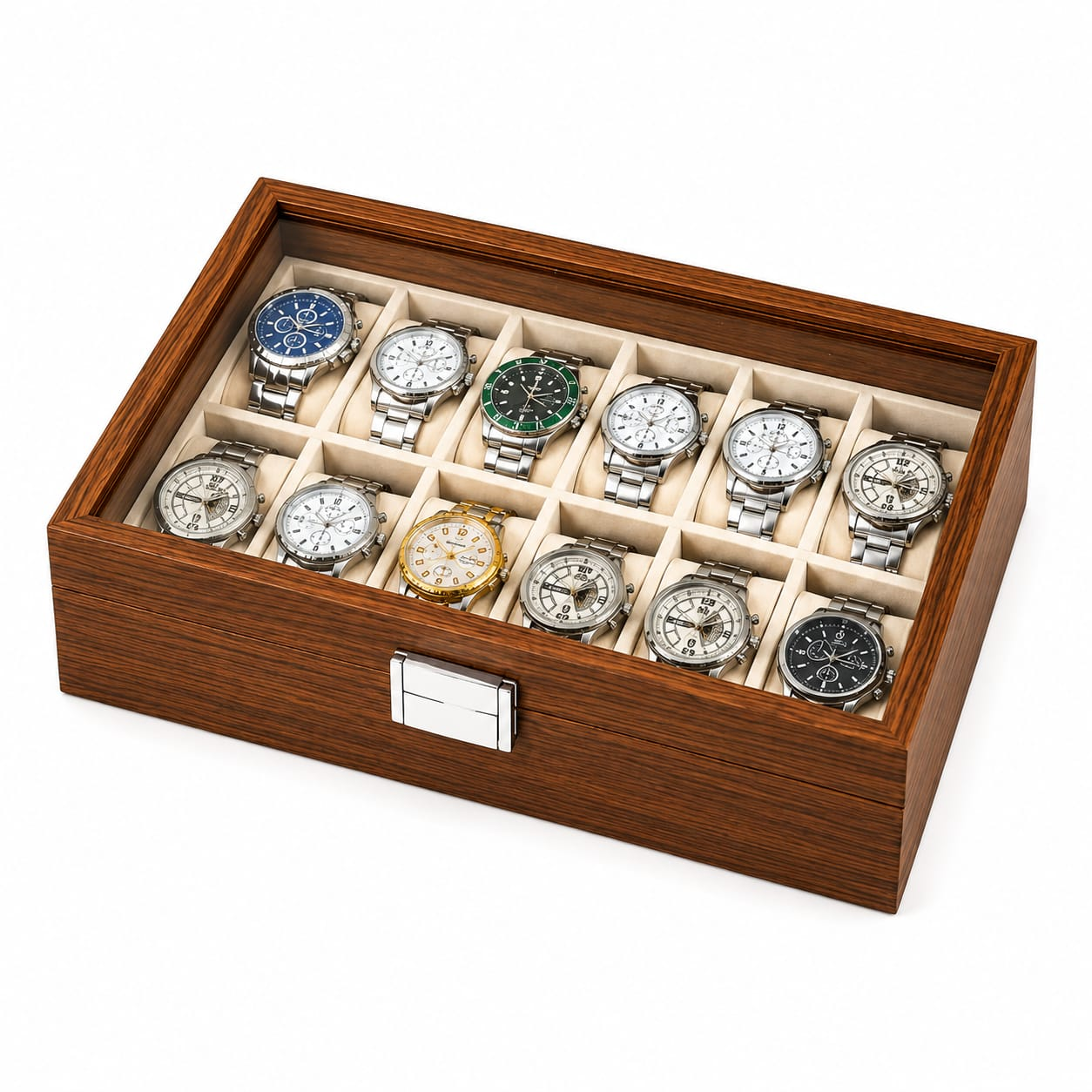 CAJA ORGANIZADORA DE MADERA PARA 12 RELOJES CON TAPA TRANSPARENTE DE VIDRIO - 1