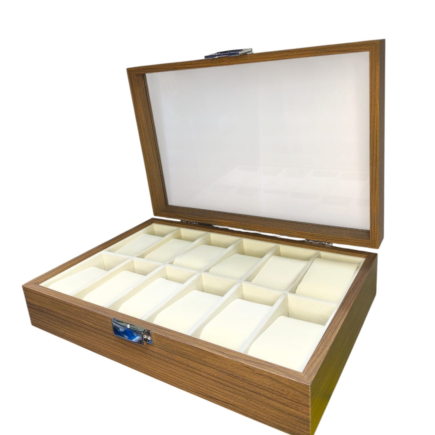 CAJA ORGANIZADORA DE MADERA PARA 12 RELOJES CON TAPA TRANSPARENTE DE VIDRIO - 2