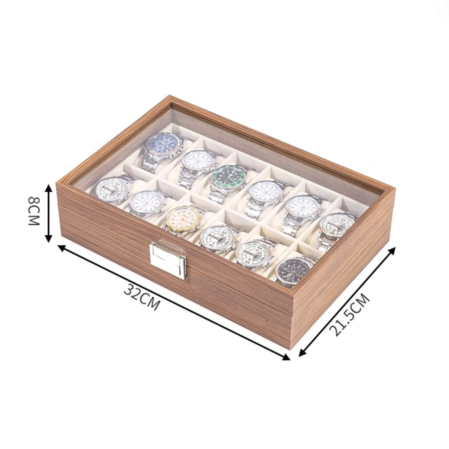 CAJA ORGANIZADORA DE MADERA PARA 12 RELOJES CON TAPA TRANSPARENTE DE VIDRIO - 3