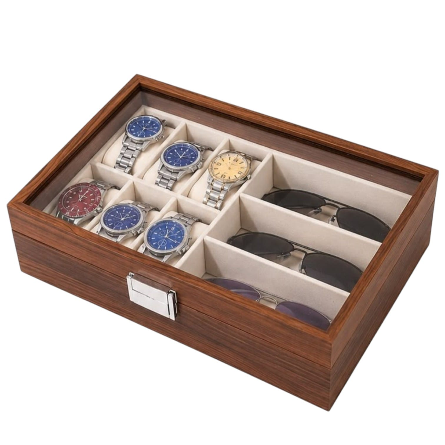 ORGANIZADOR DE RELOJES Y LENTES DE MADERA CON TAPA TRANSPARENTE 6 RELOJES + 3 LENTES - 1
