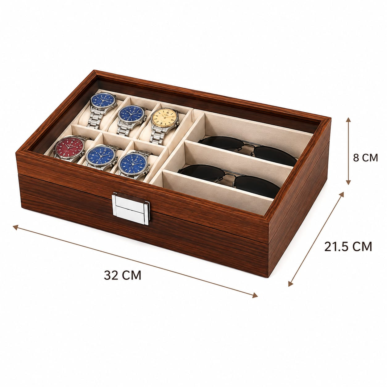 ORGANIZADOR DE RELOJES Y LENTES DE MADERA CON TAPA TRANSPARENTE 6 RELOJES + 3 LENTES - 4