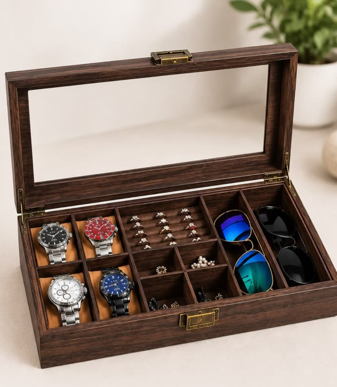 CAJA ORGANIZADORA PARA 4 RELOJES, JOYAS Y 2 LENTES CON TAPA DE VIDRIO - 1