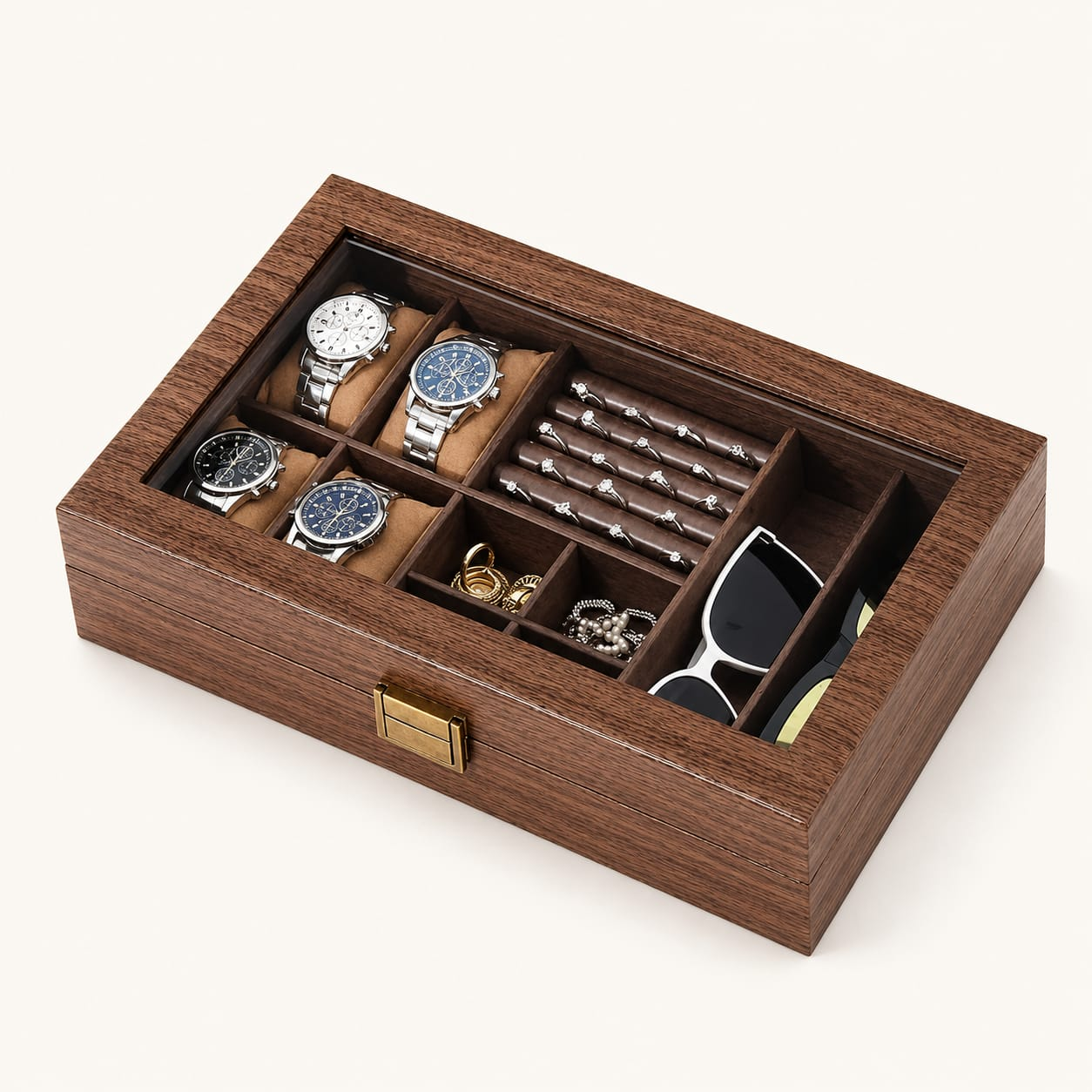 CAJA ORGANIZADORA PARA 4 RELOJES, JOYAS Y 2 LENTES CON TAPA DE VIDRIO - 2