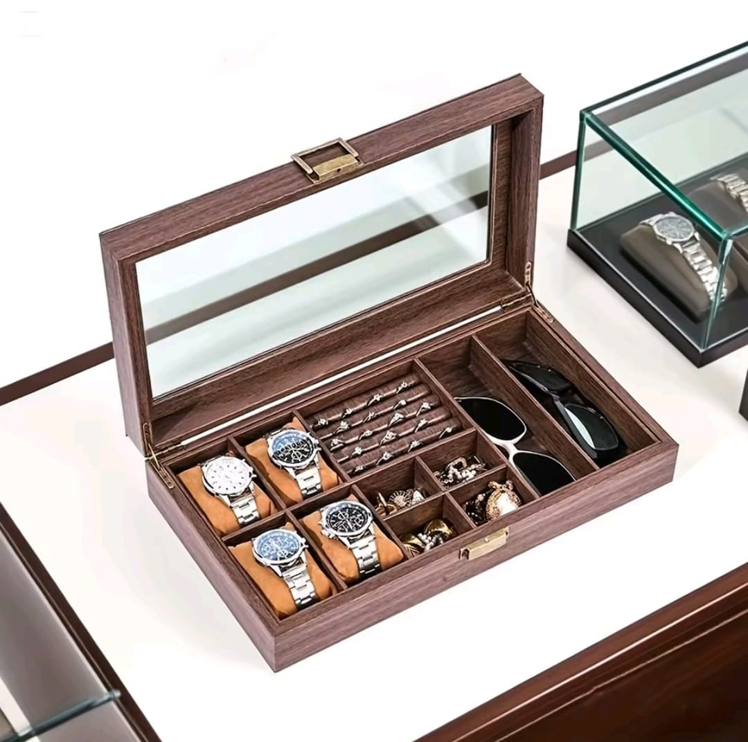 CAJA ORGANIZADORA PARA 4 RELOJES, JOYAS Y 2 LENTES CON TAPA DE VIDRIO - 3