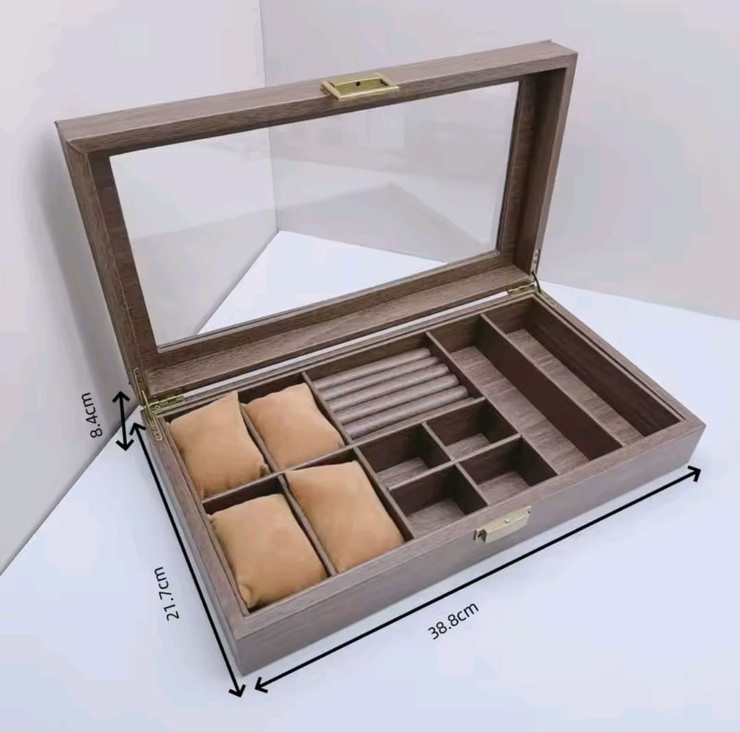 CAJA ORGANIZADORA PARA 4 RELOJES, JOYAS Y 2 LENTES CON TAPA DE VIDRIO - 4