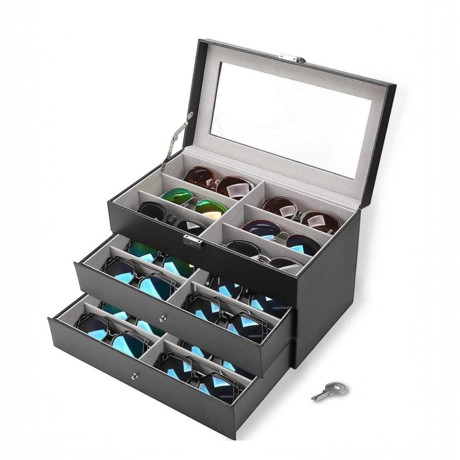 CAJA ORGANIZADORA PREMIUM PARA LENTES Y GAFAS CON 3 NIVELES Y LLAVE - 1