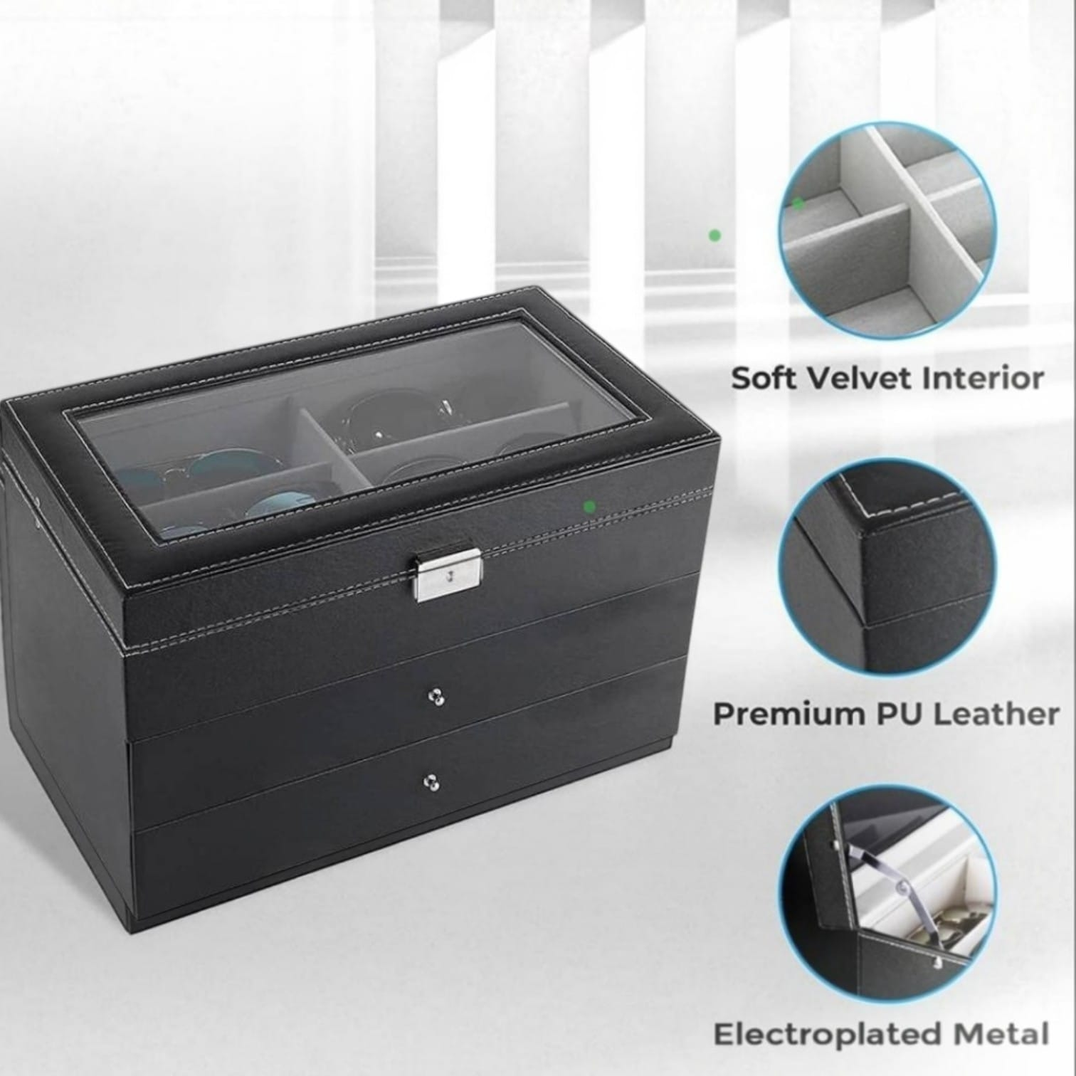 CAJA ORGANIZADORA PREMIUM PARA LENTES Y GAFAS CON 3 NIVELES Y LLAVE - 2