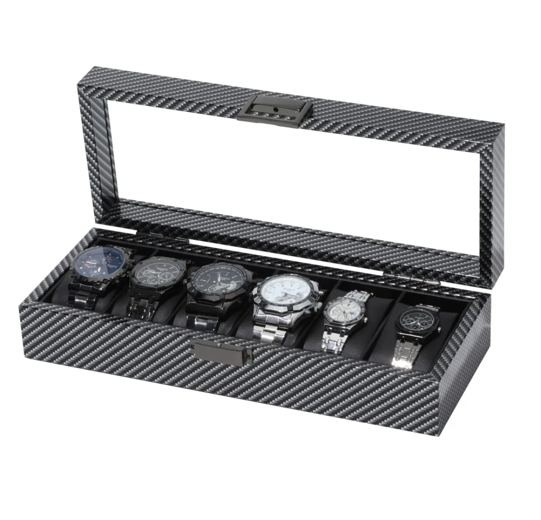 ORGANIZADOR PORTA RELOJ PARA 6 RELOJES DISEÑO FIBRA DE CARBONO CON TAPA TRANSPARENTE - 1