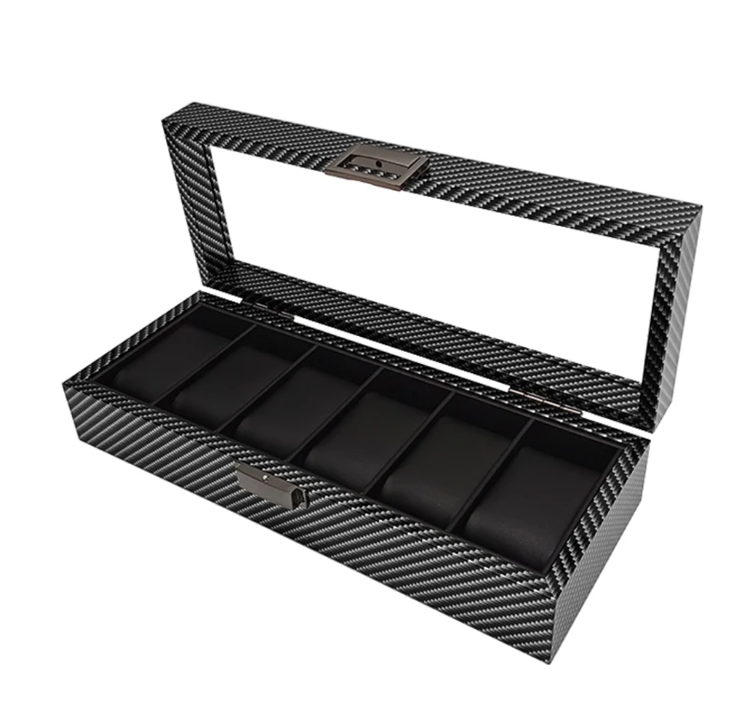 ORGANIZADOR PORTA RELOJ PARA 6 RELOJES DISEÑO FIBRA DE CARBONO CON TAPA TRANSPARENTE - 2