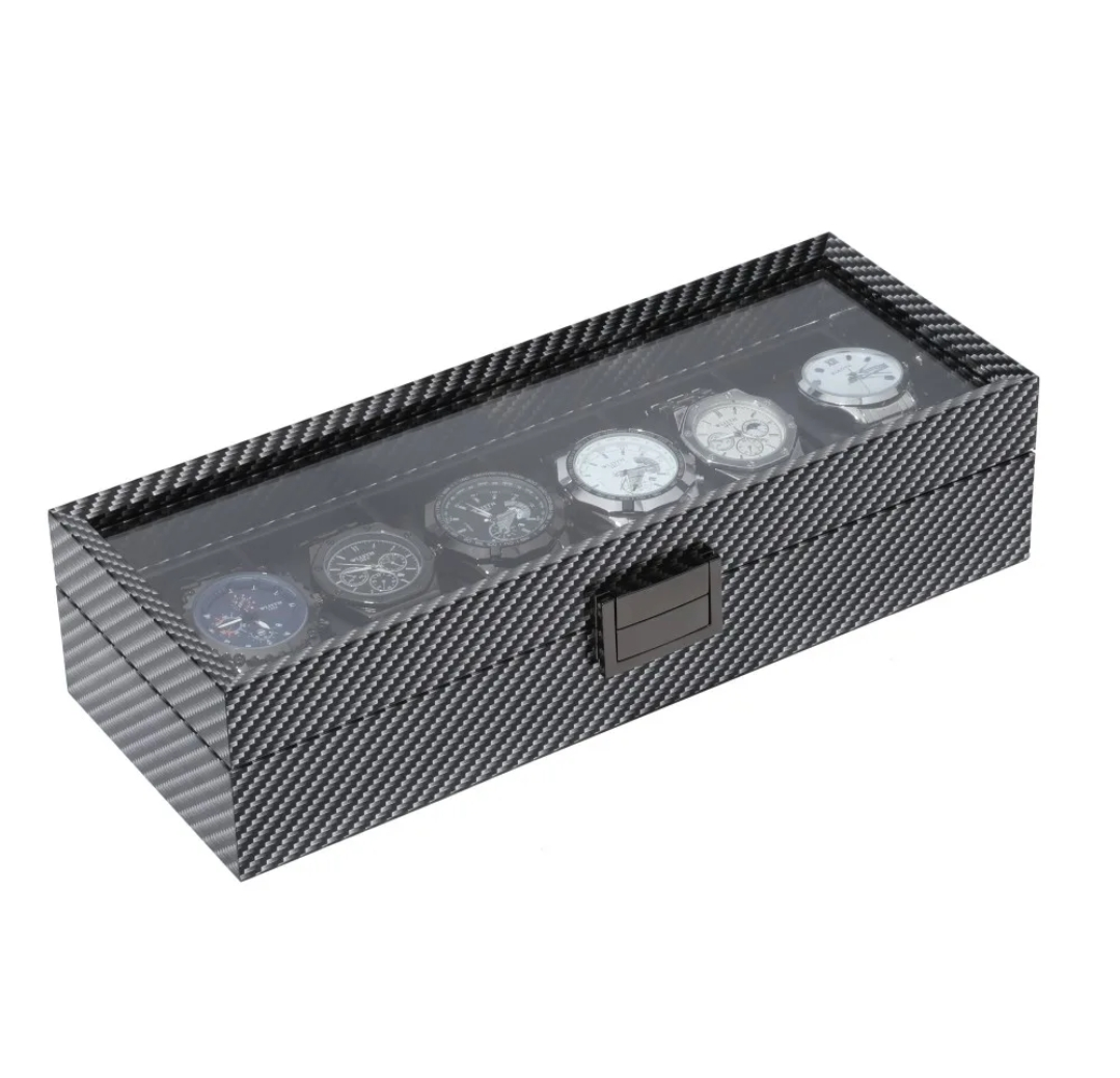 ORGANIZADOR PORTA RELOJ PARA 6 RELOJES DISEÑO FIBRA DE CARBONO CON TAPA TRANSPARENTE - 3