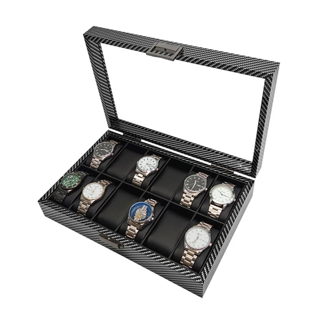ORGANIZADOR PORTA RELOJ PARA 12 RELOJES CON TAPA TRANSPARENTE Y ACABADO FIBRA DE CARBONO - 1