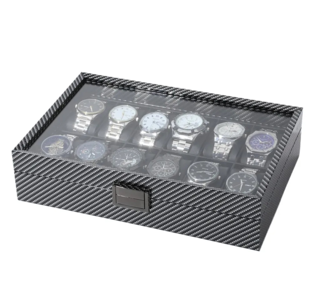 ORGANIZADOR PORTA RELOJ PARA 12 RELOJES CON TAPA TRANSPARENTE Y ACABADO FIBRA DE CARBONO - 3