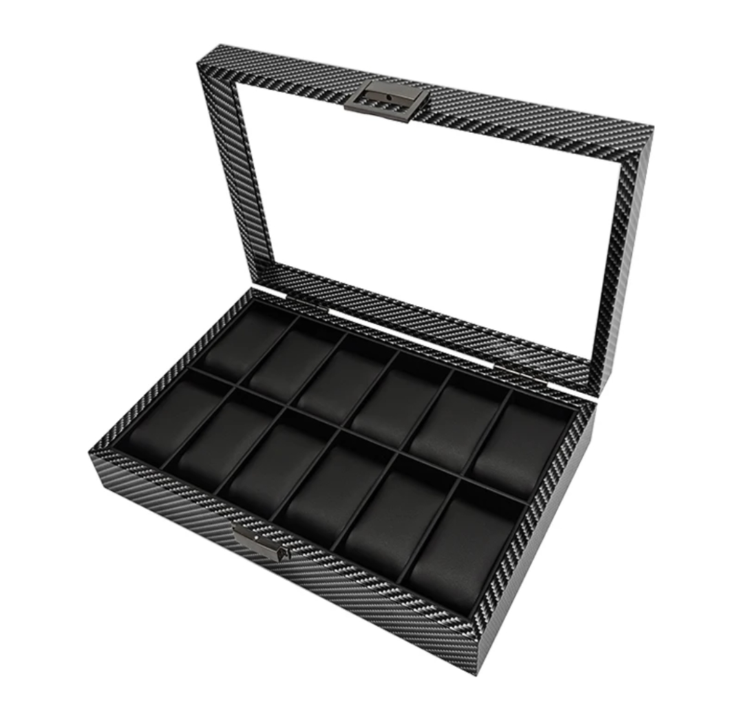 ORGANIZADOR PORTA RELOJ PARA 12 RELOJES CON TAPA TRANSPARENTE Y ACABADO FIBRA DE CARBONO - 4