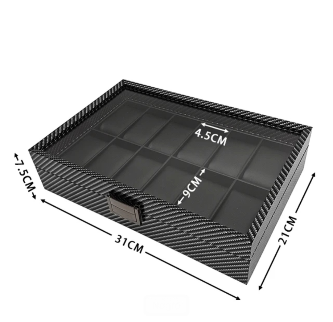 ORGANIZADOR PORTA RELOJ PARA 12 RELOJES CON TAPA TRANSPARENTE Y ACABADO FIBRA DE CARBONO - 5