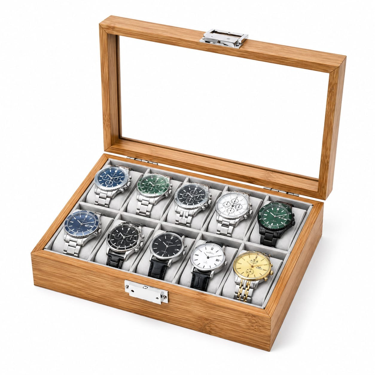 ORGANIZADOR PORTA RELOJ PARA 10 RELOJES DE BAMBÚ CON TAPA DE VIDRIO Y CERRADURA - 1