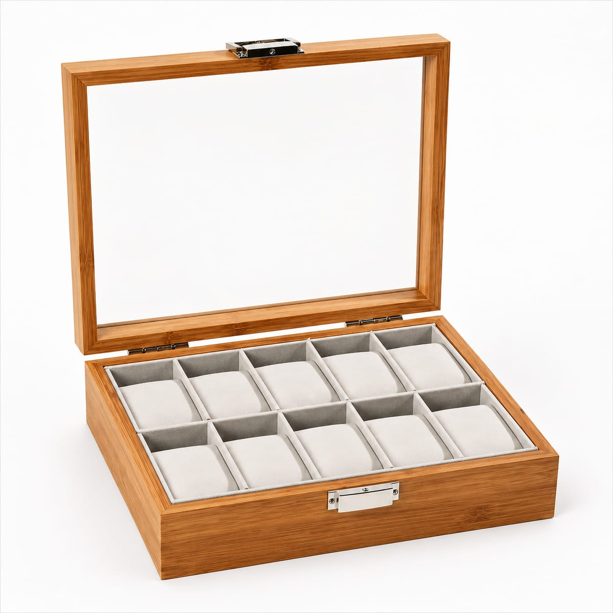 ORGANIZADOR PORTA RELOJ PARA 10 RELOJES DE BAMBÚ CON TAPA DE VIDRIO Y CERRADURA - 2