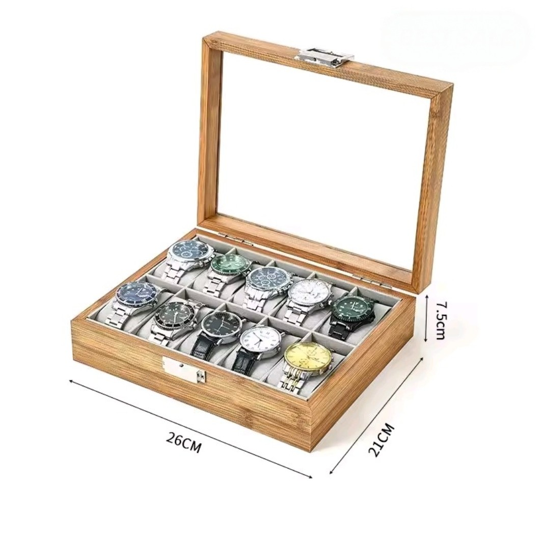 ORGANIZADOR PORTA RELOJ PARA 10 RELOJES DE BAMBÚ CON TAPA DE VIDRIO Y CERRADURA - 3