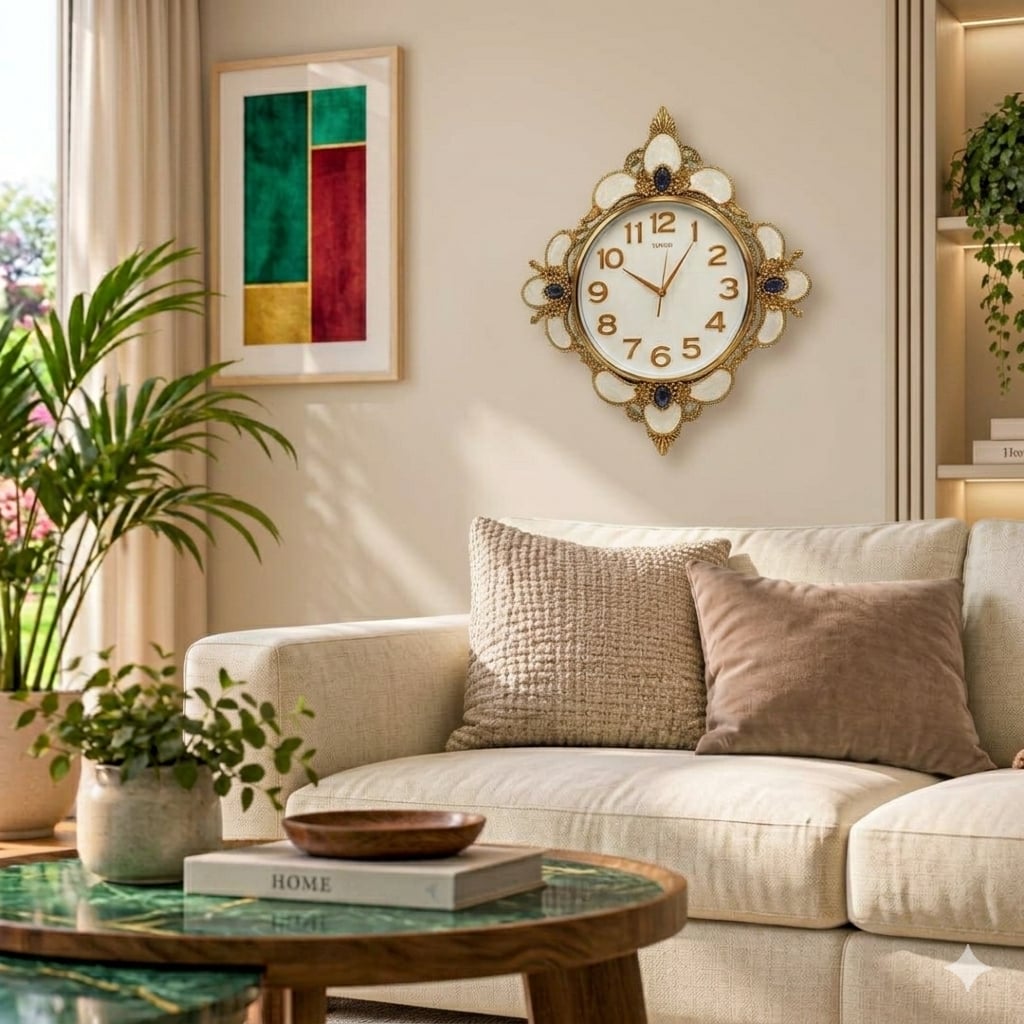 RELOJ DE PARED DECORATIVO ELEGANTE DORADO CON DISEÑO FLORAL – 57X74 CM - 3