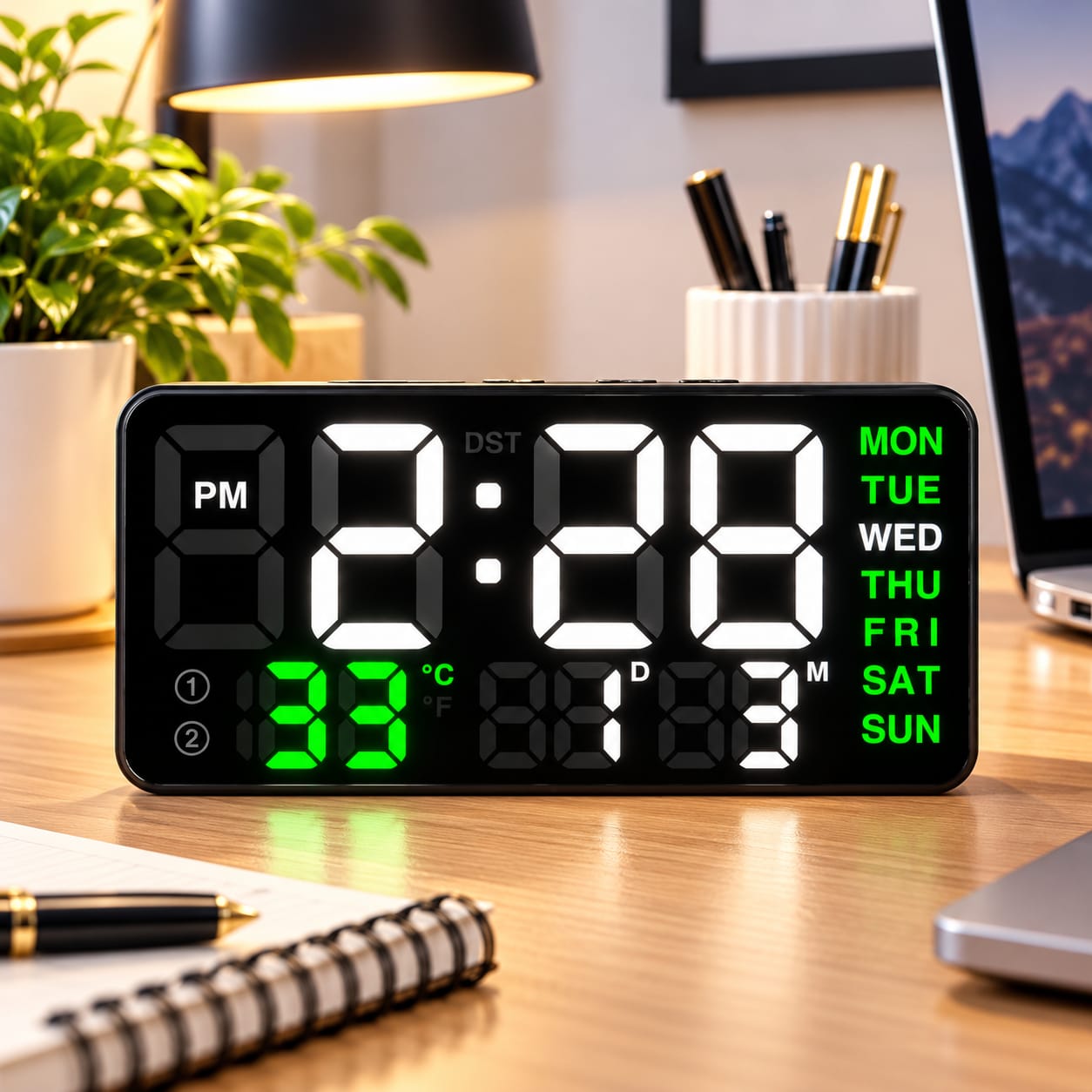 RELOJ DIGITAL LED DE MESA Y PARED 21.5X11 CM CON TEMPERATURA, CALENDARIO Y ALARMA - 3