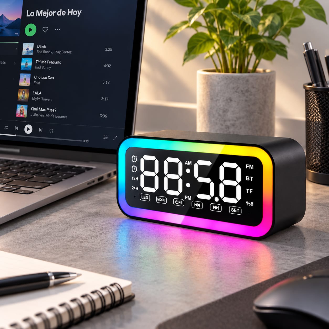 RELOJ DIGITAL PARLANTE BLUETOOTH RGB CON RADIO FM, ALARMA Y PANTALLA LED - 2