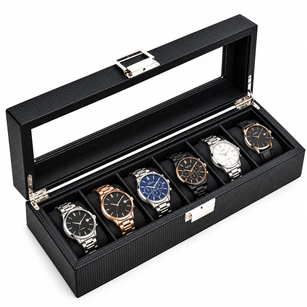 CAJA ORGANIZADORA DE PORTA RELOJES DE FIBRA DE CARBONO PARA 6 RELOJES - 1