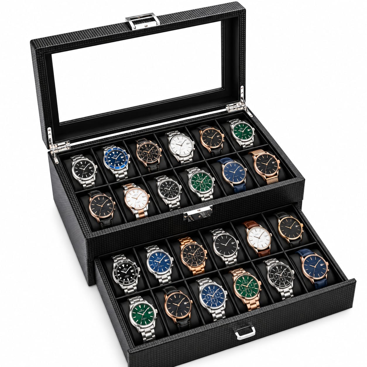 CAJA ORGANIZADORA PORTA RELOJES DE FIBRA DE CARBONO PARA 24 RELOJES - 1
