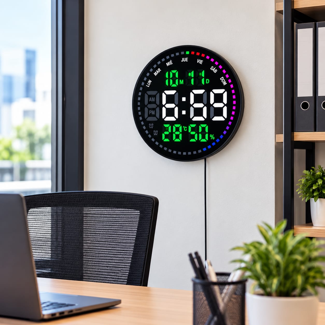 RELOJ LED DIGITAL DE PARED 28X28CM CON ALARMA, TEMPERATURA Y HUMEDAD - 3