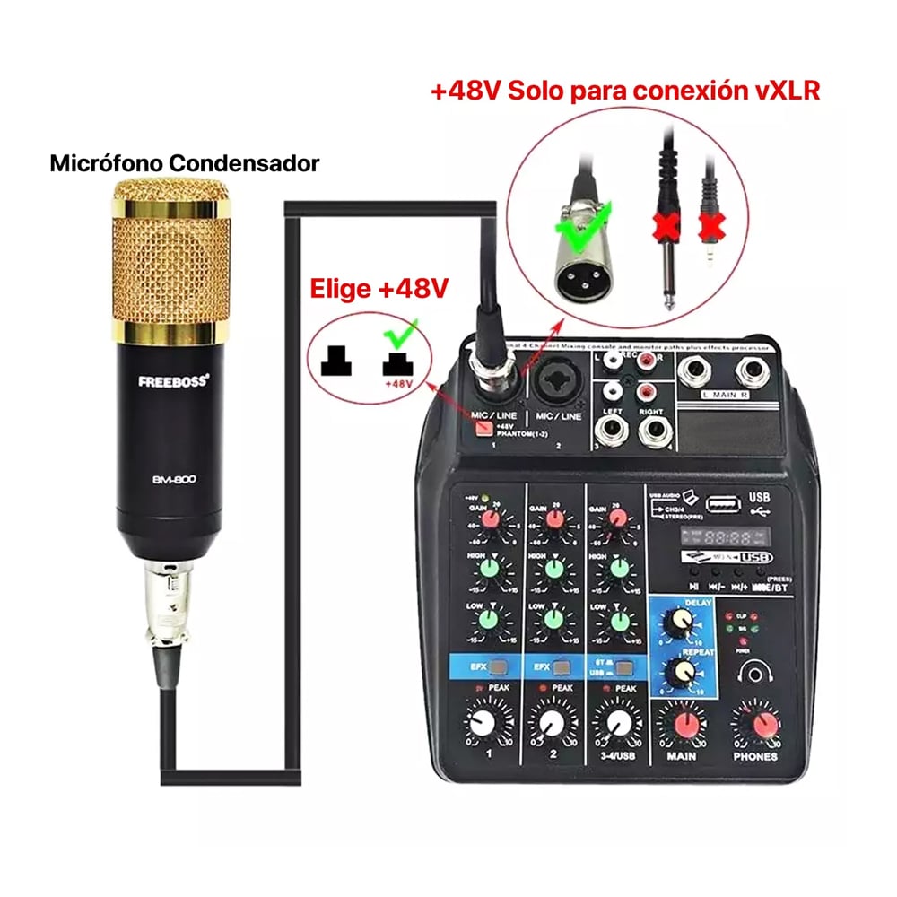 CONSOLA MEZCLADOR DE 4 CANALES DE AUDIO BLUETOOTH MIXER SONIDO 48V - 2