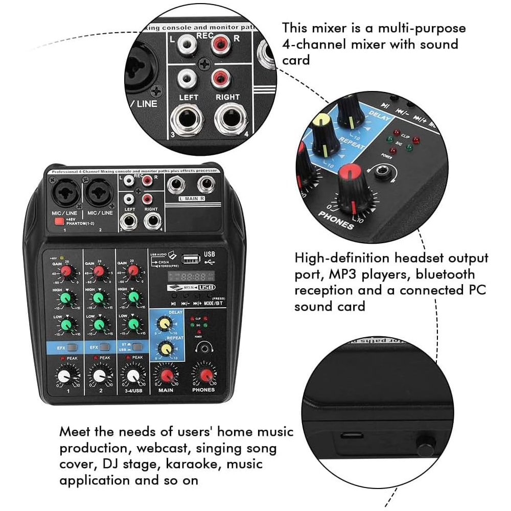 CONSOLA MEZCLADOR DE 4 CANALES DE AUDIO BLUETOOTH MIXER SONIDO 48V - 6