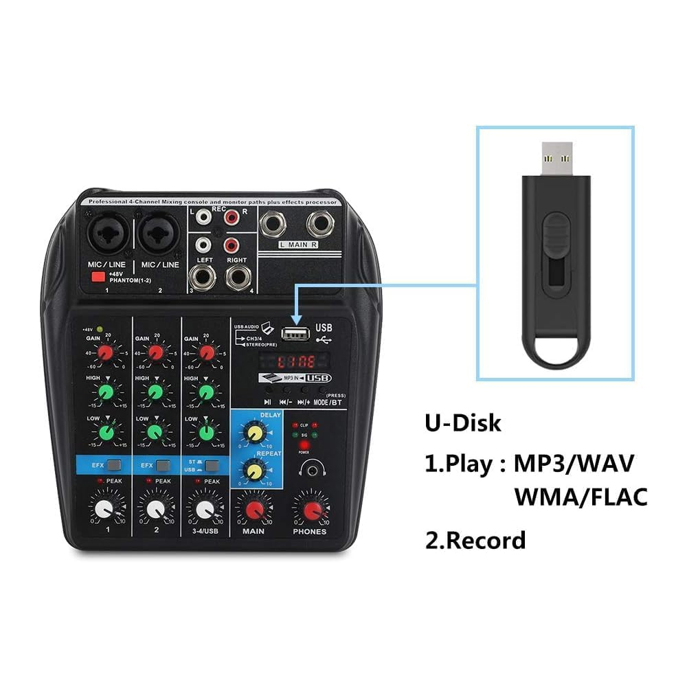 CONSOLA MEZCLADOR DE 4 CANALES DE AUDIO BLUETOOTH MIXER SONIDO 48V - 8