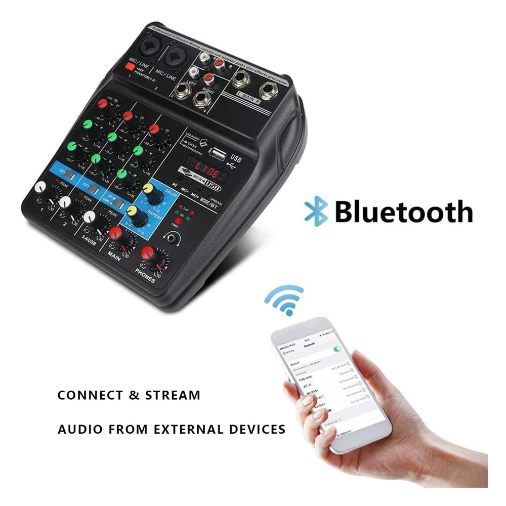 CONSOLA MEZCLADOR DE 4 CANALES DE AUDIO BLUETOOTH MIXER SONIDO 48V - 9