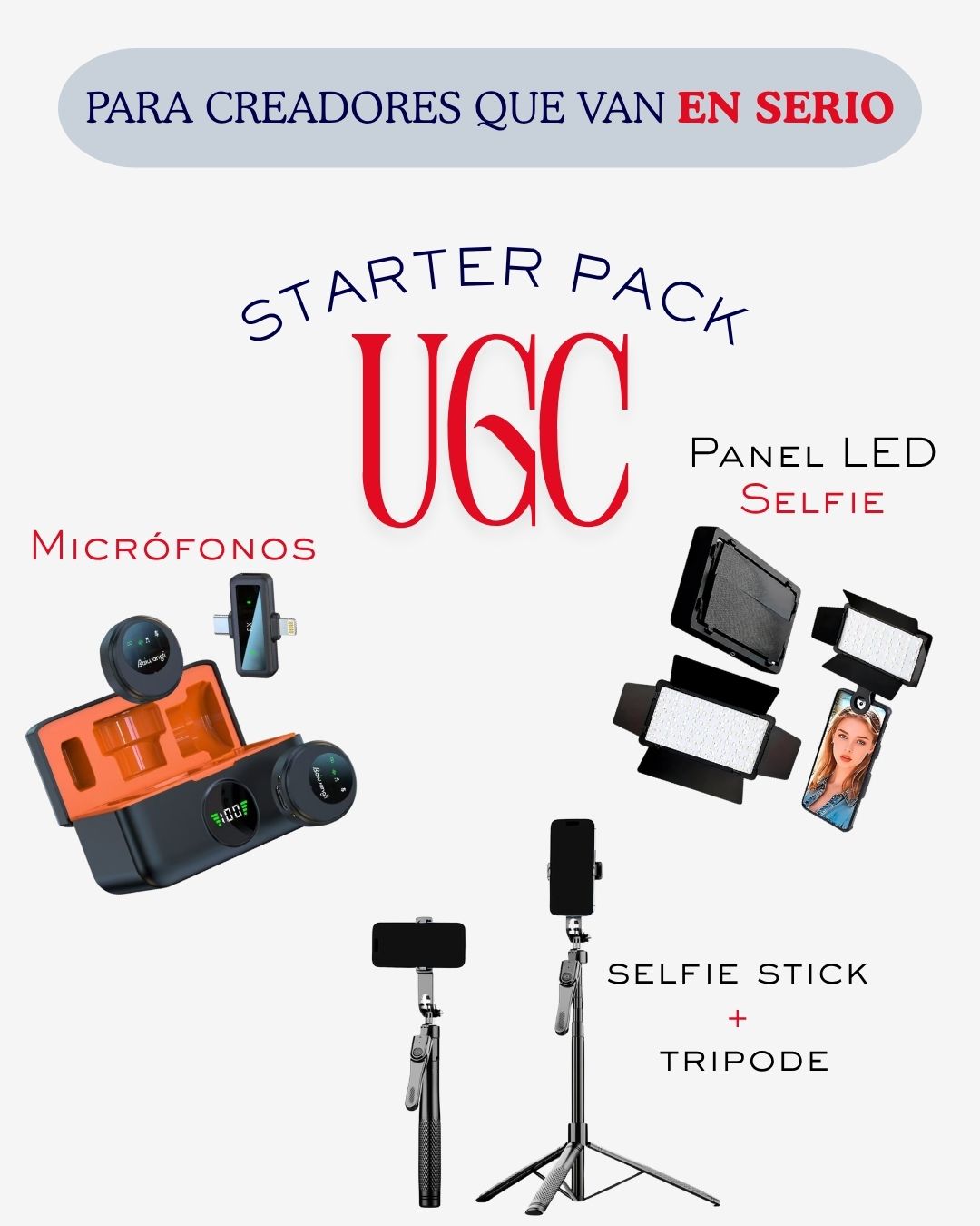 PACK UGC PANEL DE LUZ LED MICRÓFONOS INALÁMBRICO Y SELFIE STICK CON TRIPODE - 5