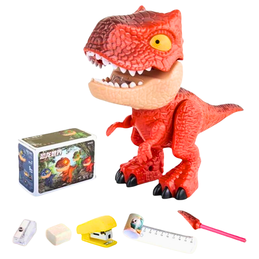 DINOSAURIO ESCOLAR MULTIFUNCIONAL 5 EN 1: ¡DESCUBRE SU MÁGICA SORPRESA! +BORRADOR + TAJADOR + GRAPADORA + LÁPIZ + REGLA - 1