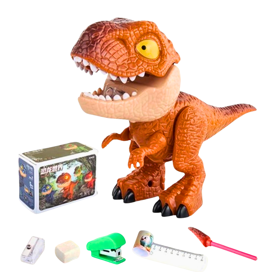 DINOSAURIO ESCOLAR MULTIFUNCIONAL 5 EN 1: ¡DESCUBRE SU MÁGICA SORPRESA! +BORRADOR + TAJADOR + GRAPADORA + LÁPIZ + REGLA - 1