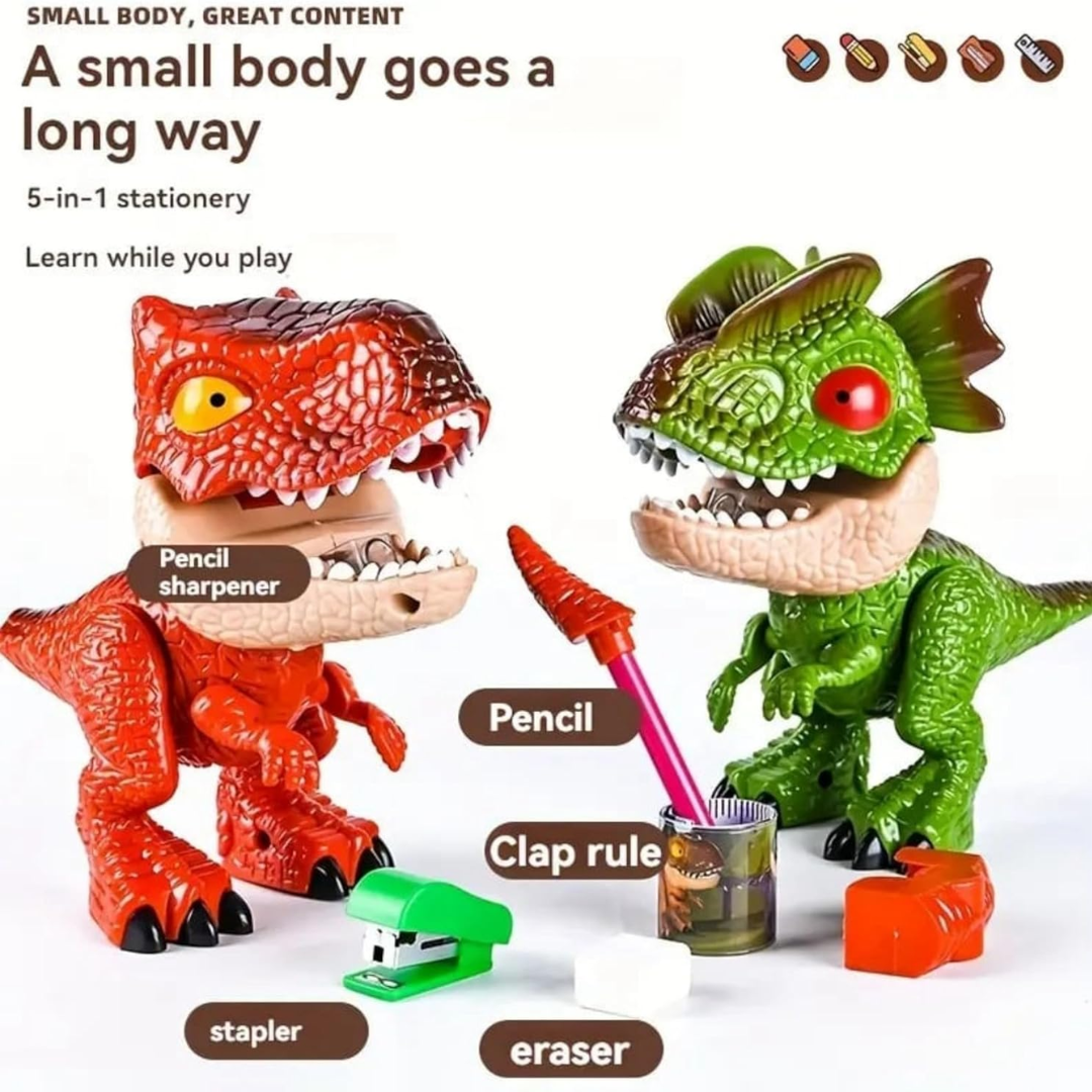 DINOSAURIO ESCOLAR MULTIFUNCIONAL 5 EN 1: ¡DESCUBRE SU MÁGICA SORPRESA! +BORRADOR + TAJADOR + GRAPADORA + LÁPIZ + REGLA - 2