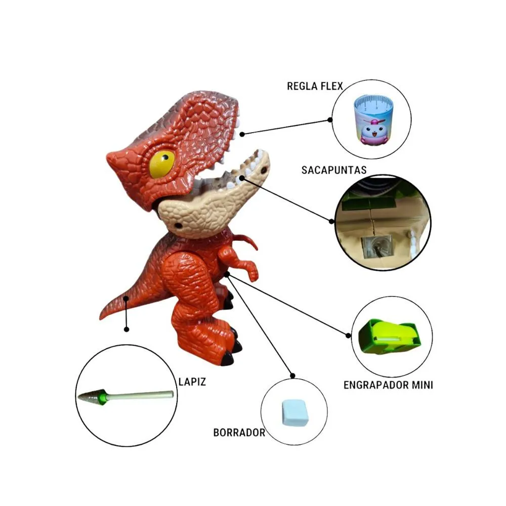 DINOSAURIO ESCOLAR MULTIFUNCIONAL 5 EN 1: ¡DESCUBRE SU MÁGICA SORPRESA! +BORRADOR + TAJADOR + GRAPADORA + LÁPIZ + REGLA - 3