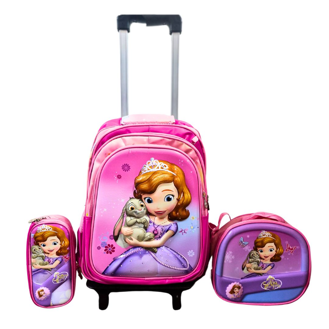 MOCHILA CON RUEDITAS CON LUCES + LONCHERA Y CARTUCHERA PRINCESAS DISNEY NIÑAS - 1