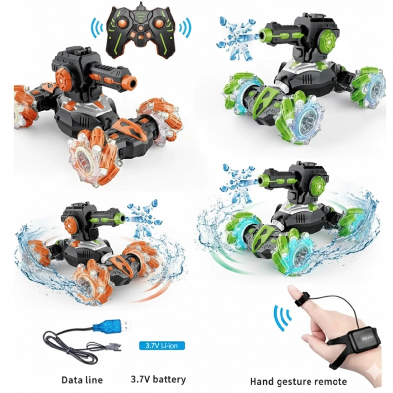 CARRO TANQUE ACROBÁTICO 2 EN 1 RC : CONTROL REMOTO Y DE MANO, DISPARA AGUA Y BALINES DE HIDROGEL, GIRO 360° JUGUETE PARA NIÑOS - 2