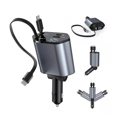 CARGADOR PARA AUTO RETRÁCTIL 120W 4 EN 1 CON USB-C Y LIGHTNING - 1