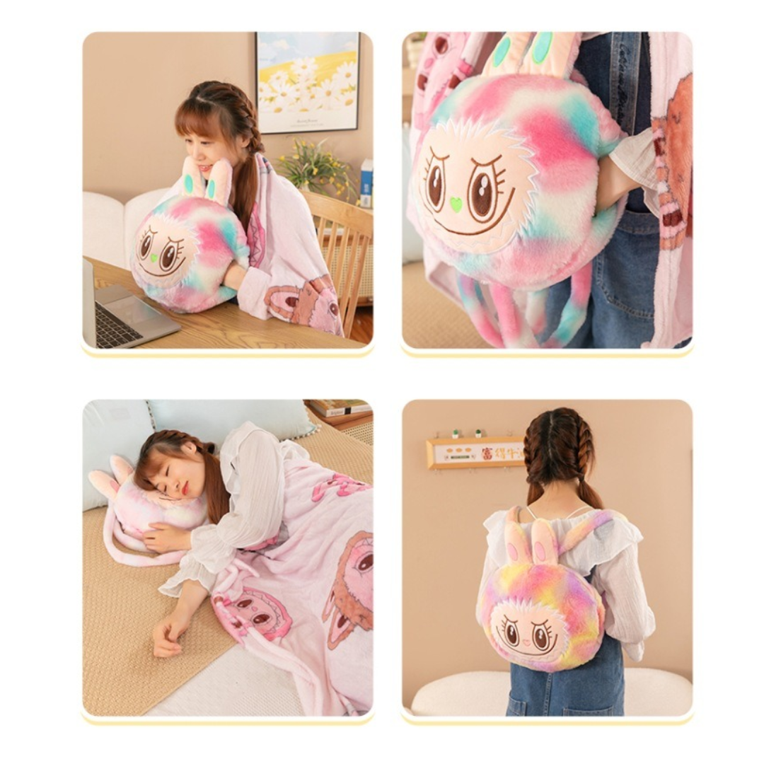 INCREÍBLE PELUCHE LABUBU AZUL 4 EN 1 / ALMOHADA MANTA PELUCHE Y BOLSILLOS / COMODIDAD Y SUEÑO EN UN SOLO PELUCHE - 3