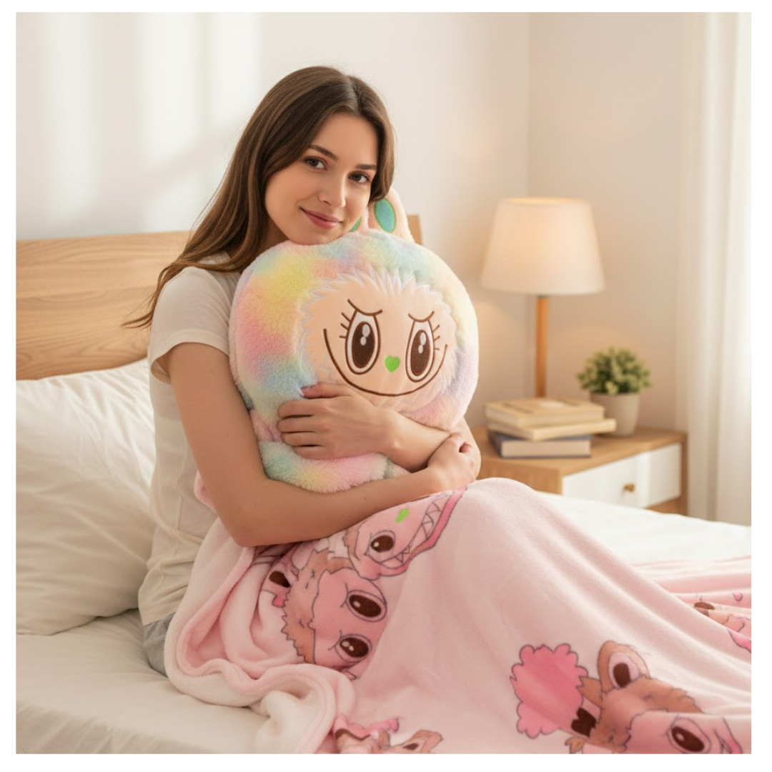 INCREÍBLE PELUCHE LABUBU VERDE 4 EN 1 / ALMOHADA MANTA PELUCHE Y BOLSILLOS / COMODIDAD Y SUEÑO EN UN SOLO PELUCHE - 7
