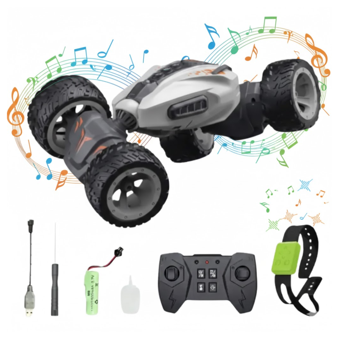 CARRO A CONTROL REMOTO PARA NIÑOS STUNT CAR ACROBÁTICO ACCESORIOS RECARGABLE / MUSICAL, EFECTO HUMO Y GIRO DE 360° - 1
