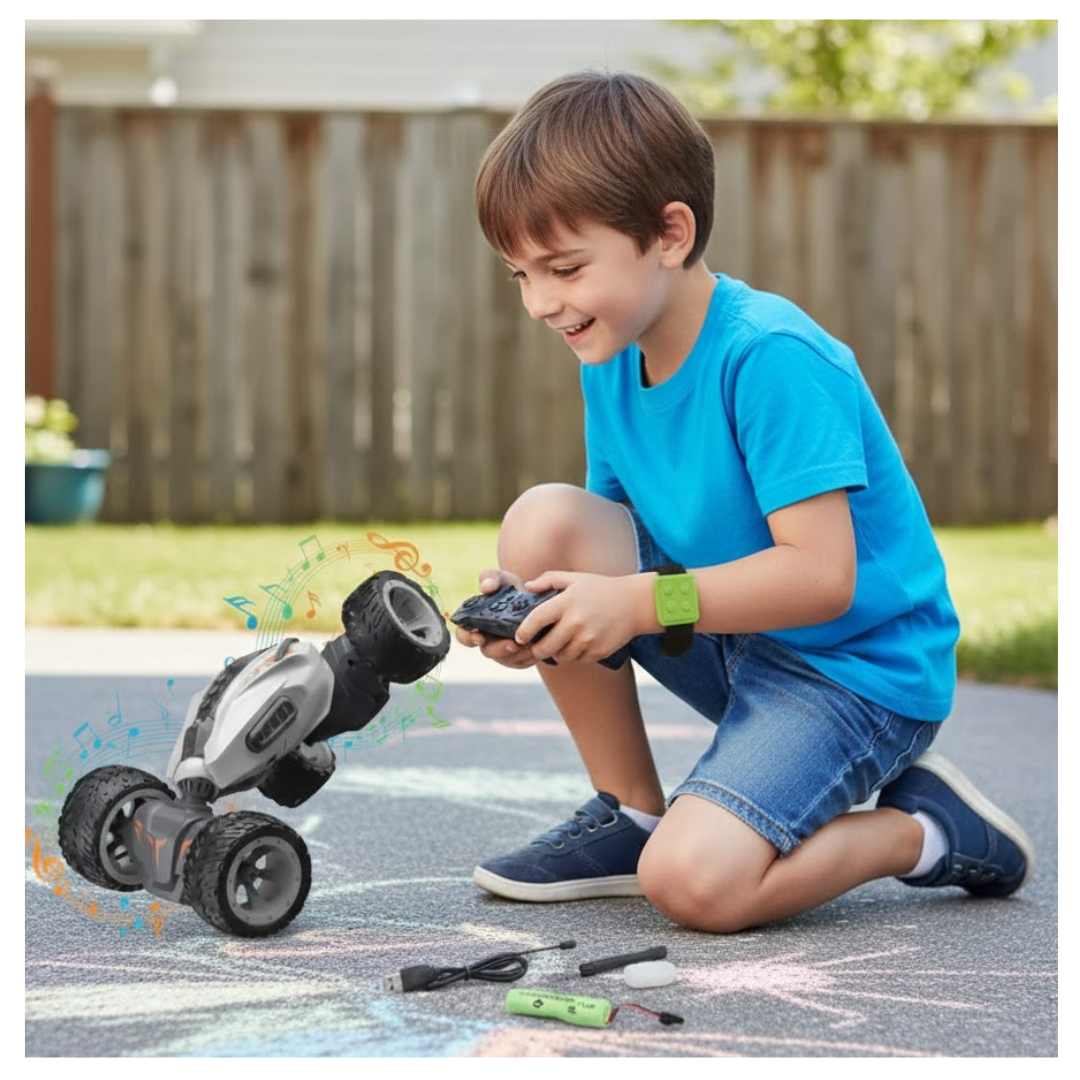 CARRO A CONTROL REMOTO PARA NIÑOS STUNT CAR ACROBÁTICO ACCESORIOS RECARGABLE / MUSICAL, EFECTO HUMO Y GIRO DE 360° - 2