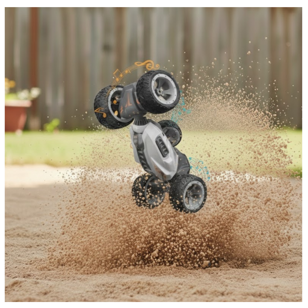 CARRO A CONTROL REMOTO PARA NIÑOS STUNT CAR ACROBÁTICO ACCESORIOS RECARGABLE / MUSICAL, EFECTO HUMO Y GIRO DE 360° - 3
