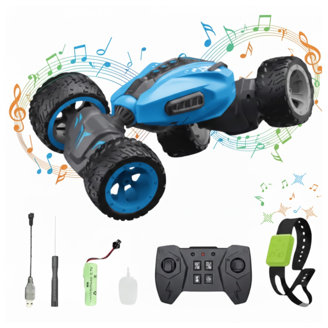 CARRO A CONTROL REMOTO PARA NIÑOS STUNT CAR ACROBÁTICO ACCESORIOS RECARGABLE / MUSICAL, EFECTO HUMO Y GIRO DE 360° - 1