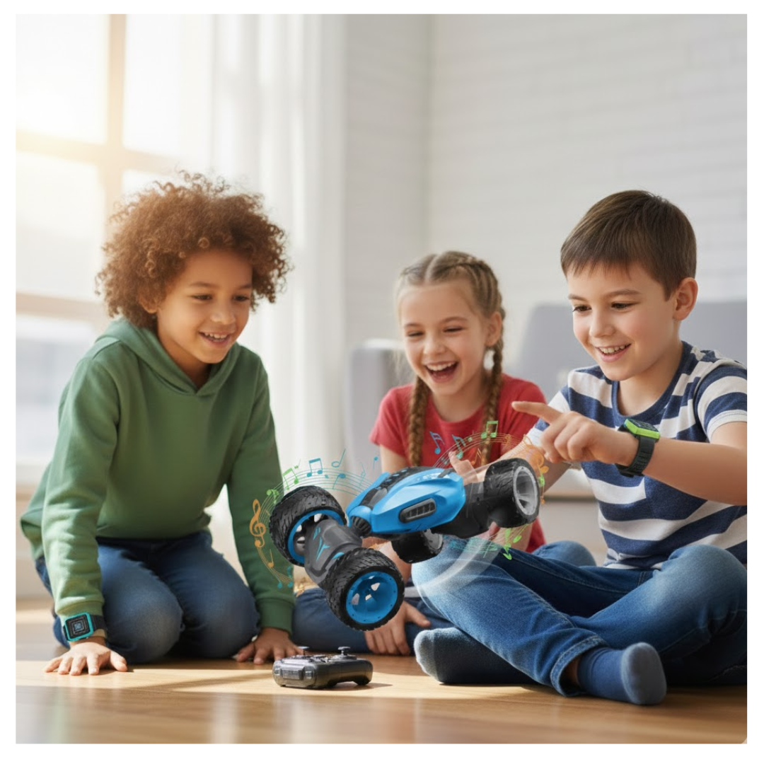 CARRO A CONTROL REMOTO PARA NIÑOS STUNT CAR ACROBÁTICO ACCESORIOS RECARGABLE / MUSICAL, EFECTO HUMO Y GIRO DE 360° - 3