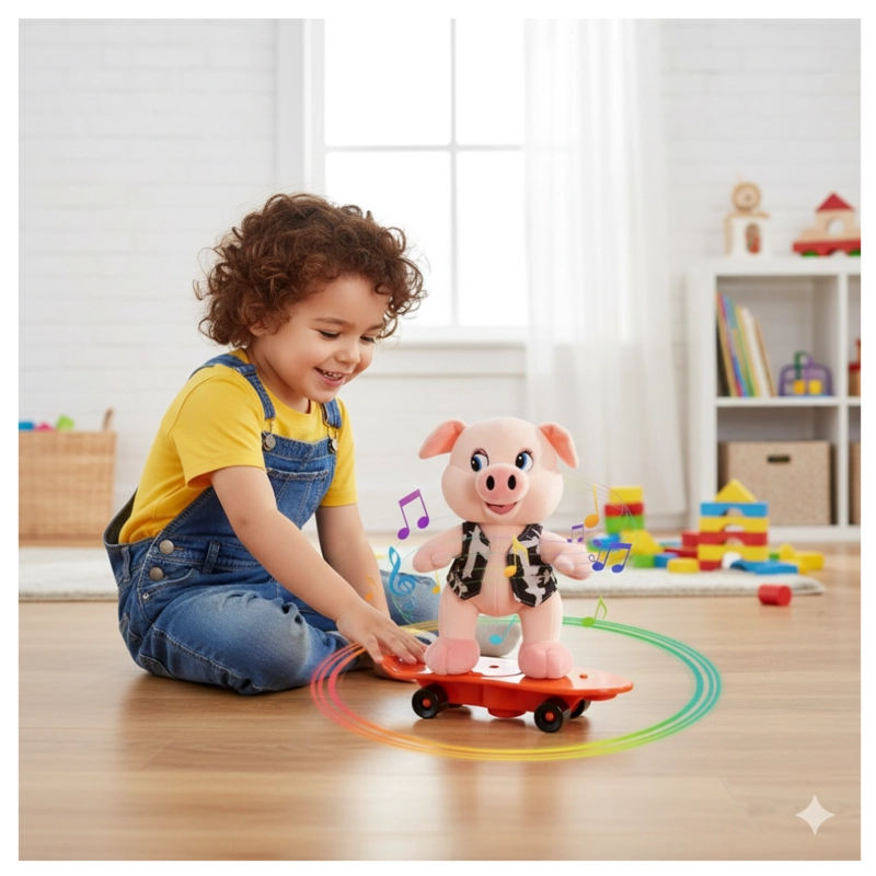 PELUCHE CERDITO 1 CON MONOPATIN PATINETA PARA NIÑOS - MUSICAL GIRO 360º - 2