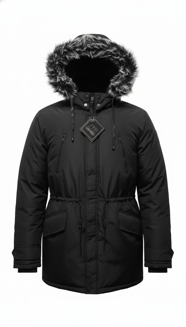 CASACA NEGRA TÉRMICA CON CAPUCHA DE PELUCHE – INVIERNO IMPERMEABLE TALLA L PEQUEÑA - 1