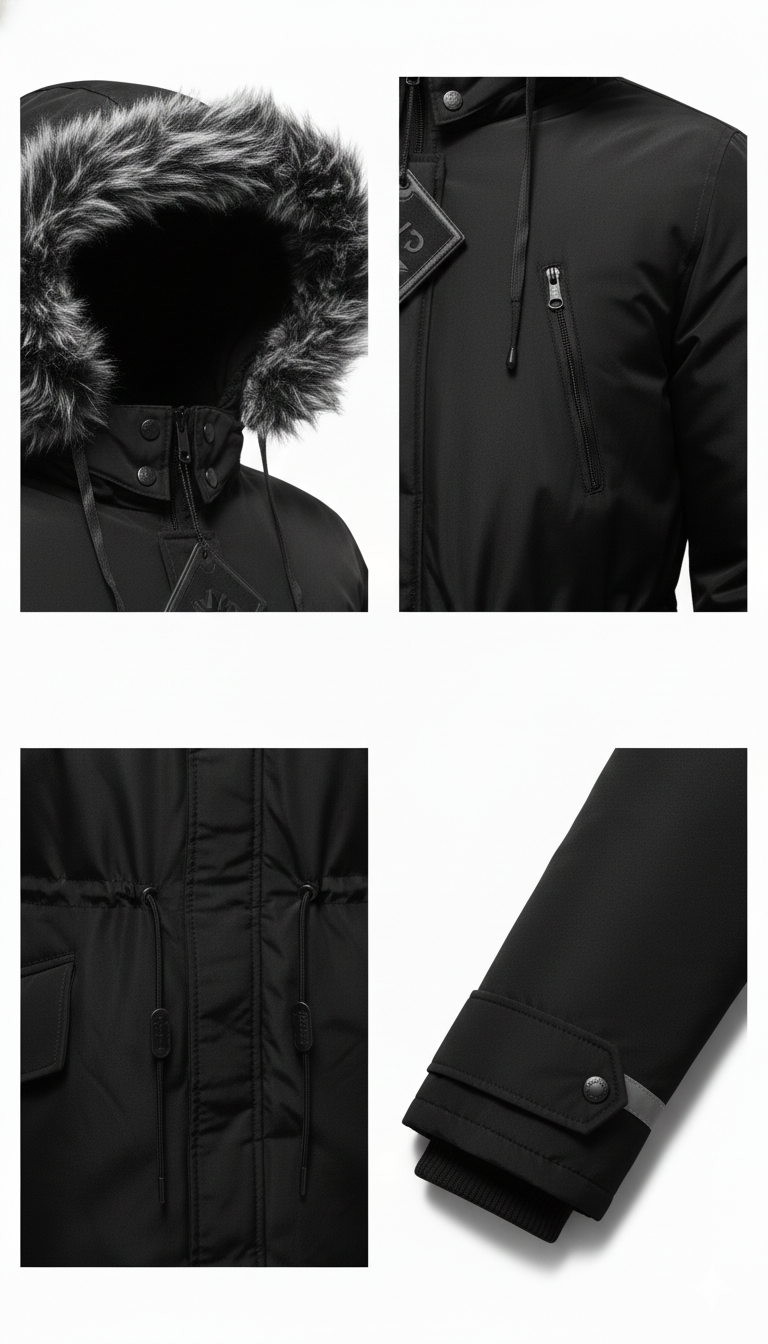 CASACA NEGRA TÉRMICA CON CAPUCHA DE PELUCHE – INVIERNO IMPERMEABLE TALLA L PEQUEÑA - 3